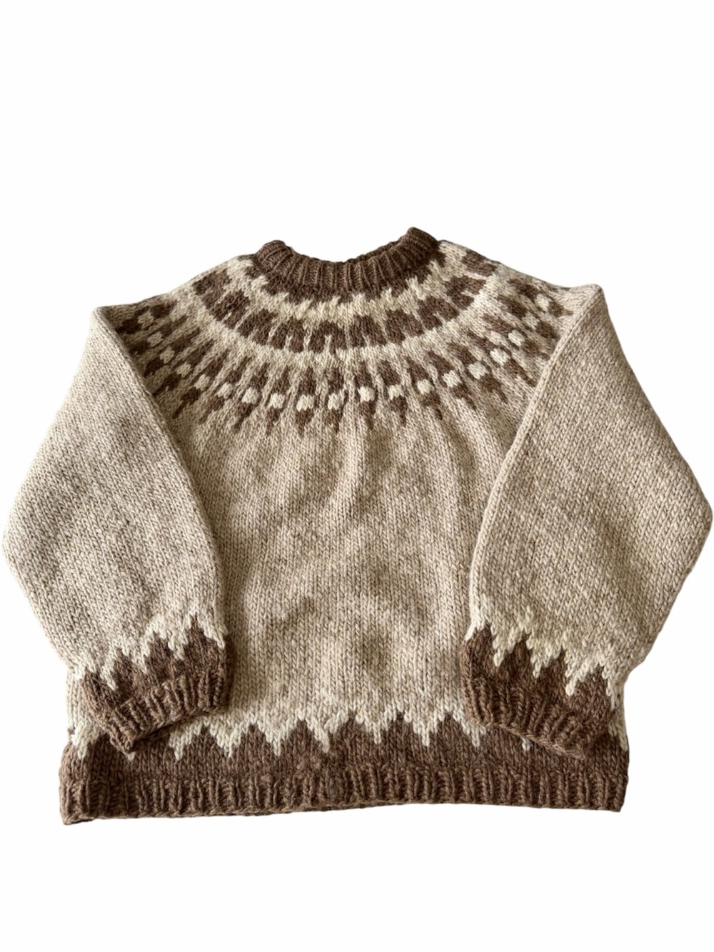 Handmade Wool Fair Isle Knit Sweater Unisex Large Brown Tan Nordic Crewneck
